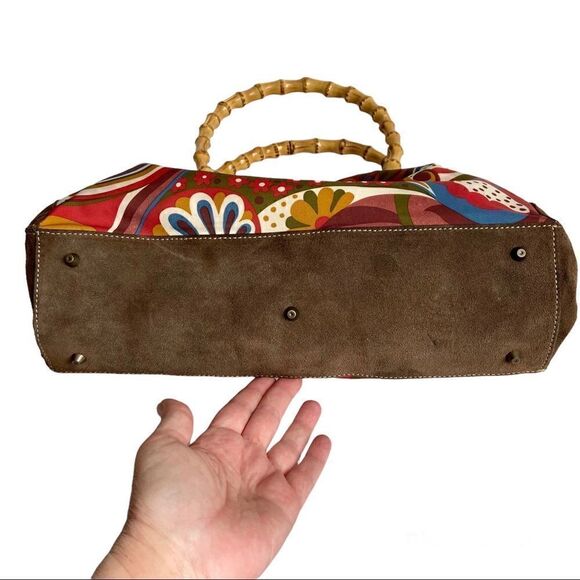 Prague Brown Suede Floral Bamboo handle Purse - Picture 3 of 5